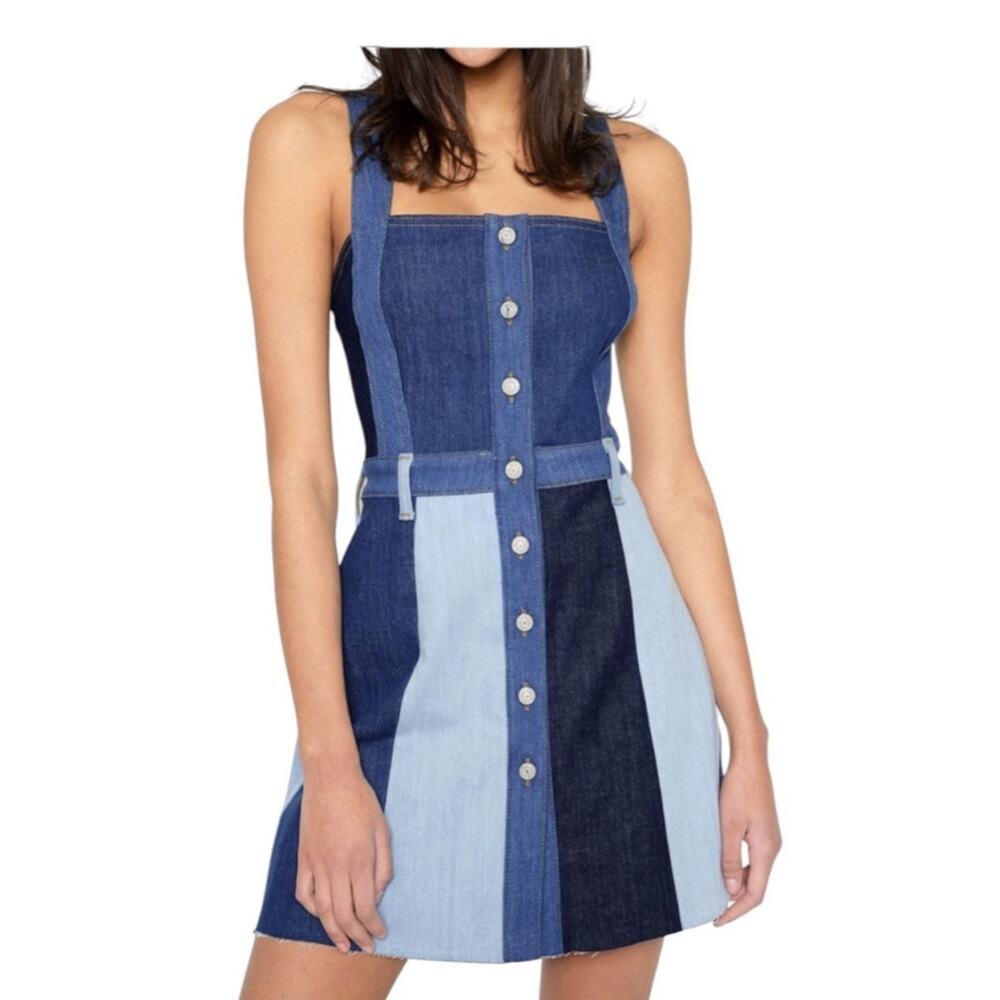 Coquette Mixed Denim 7 for All Mankind Stripe Frayed Raw Hem Mini Dress Sz M